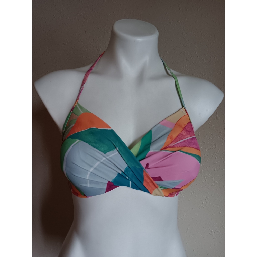 Time and Tru Abstract Multicolor Halter Bikini Top - Pink, Green, Orange, Blue